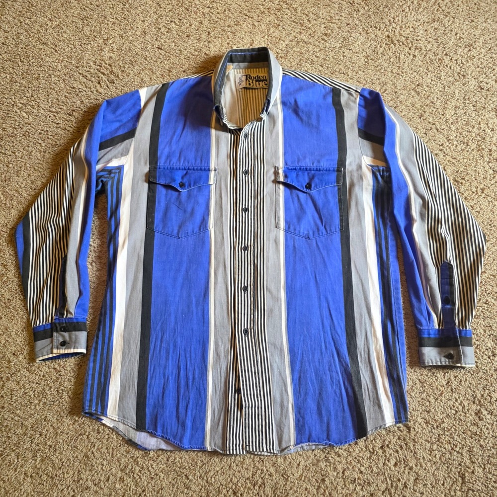 Rodeo Blue by Roper Mens Large Blue Grey Striped Western Button Down Shirt